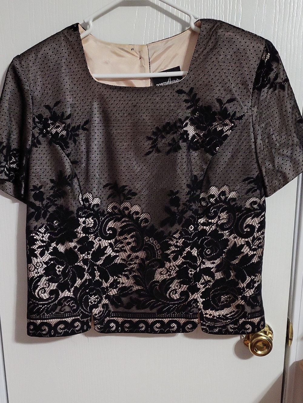 Blouse-Positive Attitude Metallic Taupe & Black Floral Lace Effect# 5077